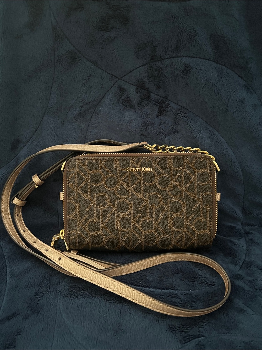 Calvin Klein Brown Monogram Crossbody with Gold Hardware